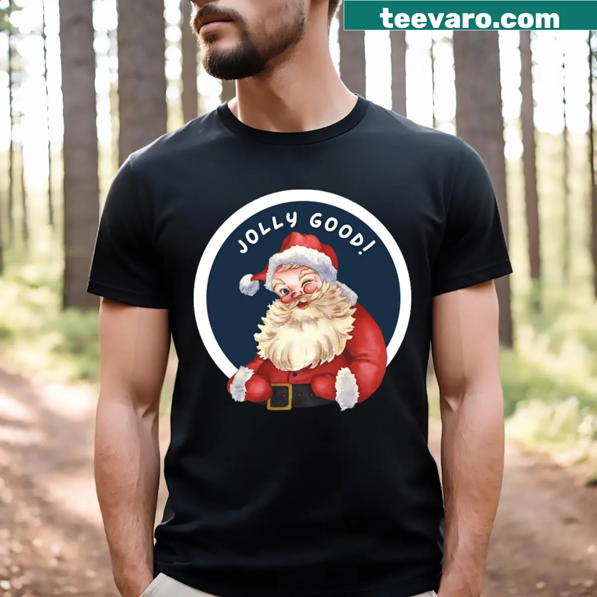 Text-based design shirt with the phrase 'Jolly Good' — on a men's t-shirt