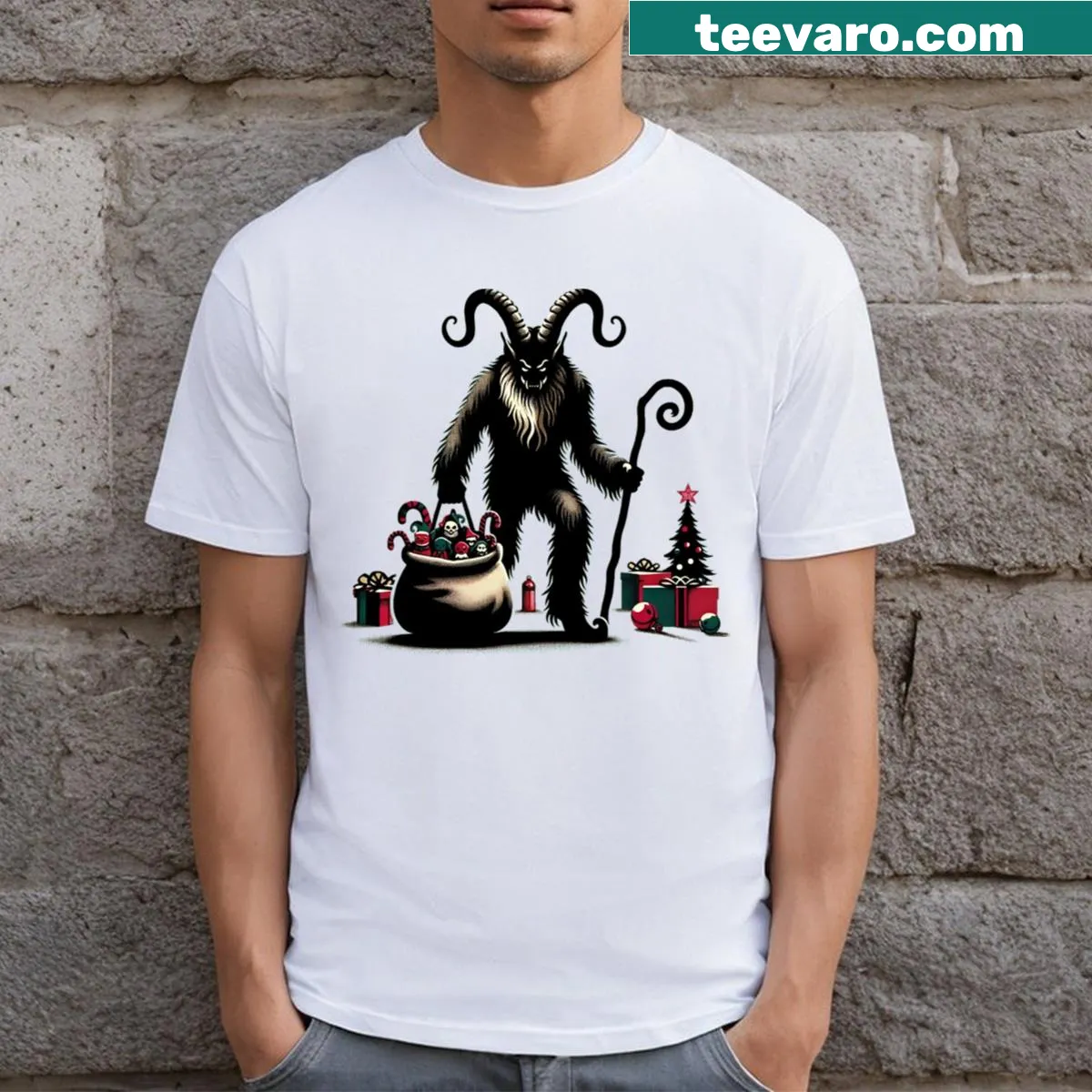 Illustrated Krampus design for a humorous holiday T-shirt — on a men's t-shirt