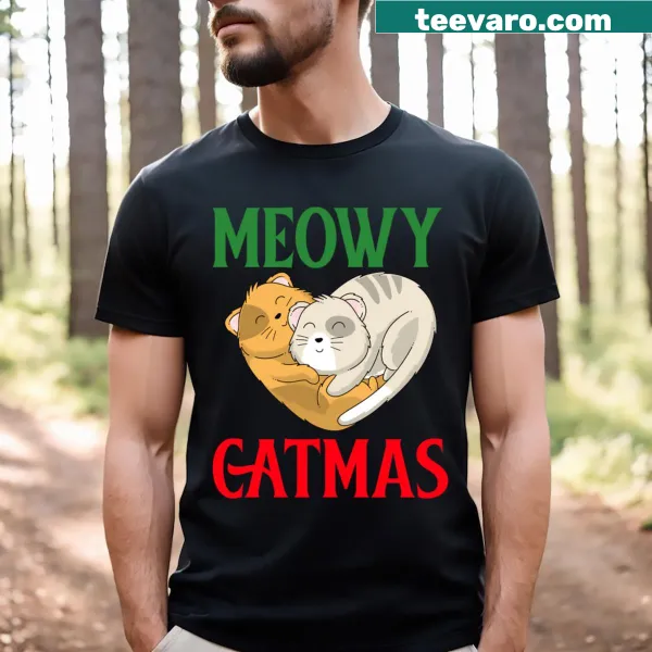 T-shirt with the phrase 'Meowy Catmas' featuring a festive cat design