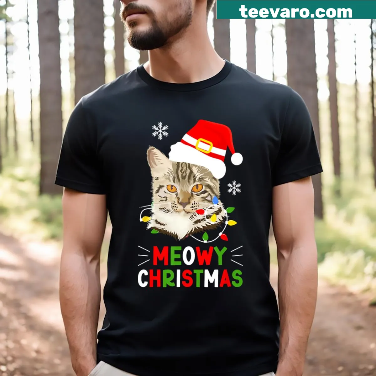 Cute cat graphic with holiday elements for Christmas. — on a men's t-shirt
