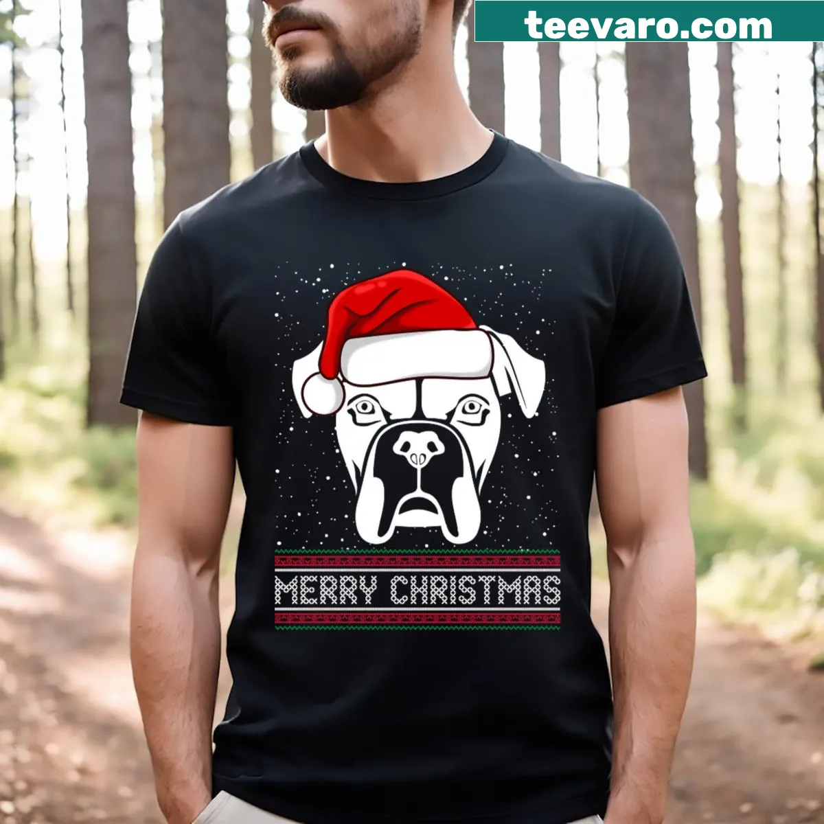 Vintage distressed Christmas T-shirt featuring a funny boxer dog design. — on a men's t-shirt