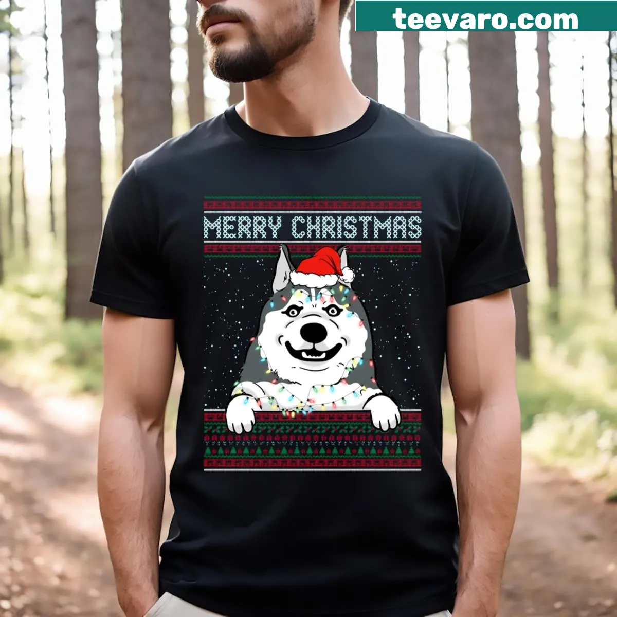 Funny Christmas T-shirt featuring a Siberian Husky in festive gear. — on a men's t-shirt