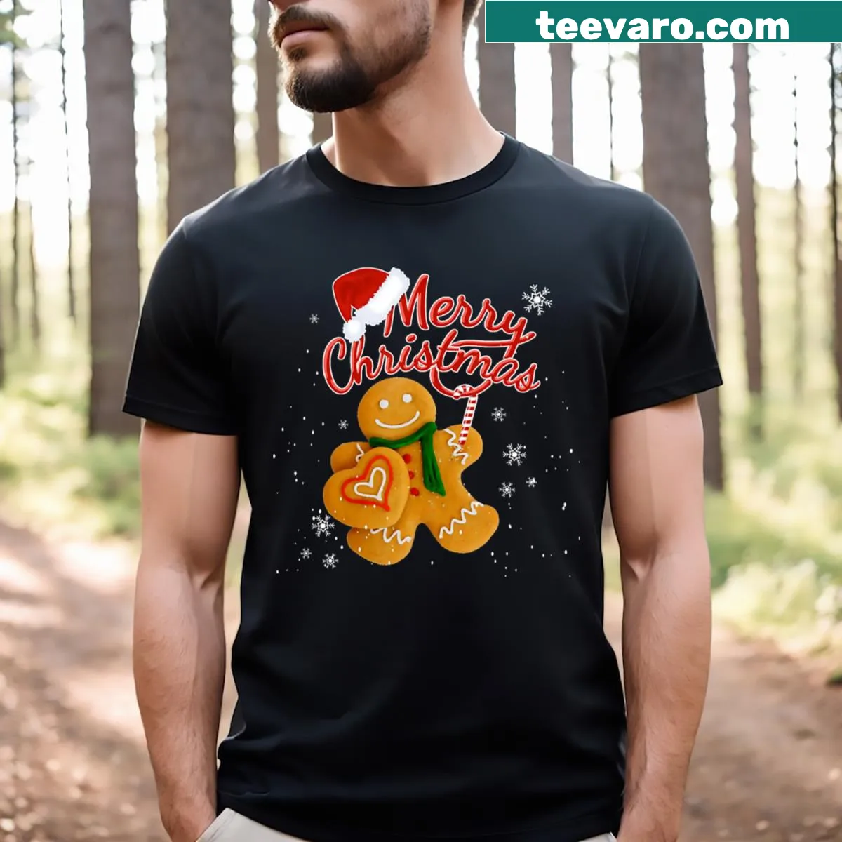 Christmas T-shirt with a whimsical gingerbread cookie baking design. — on a men's t-shirt