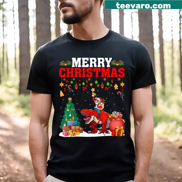 Whimsical Santa riding a dinosaur with Christmas lights graphic.
