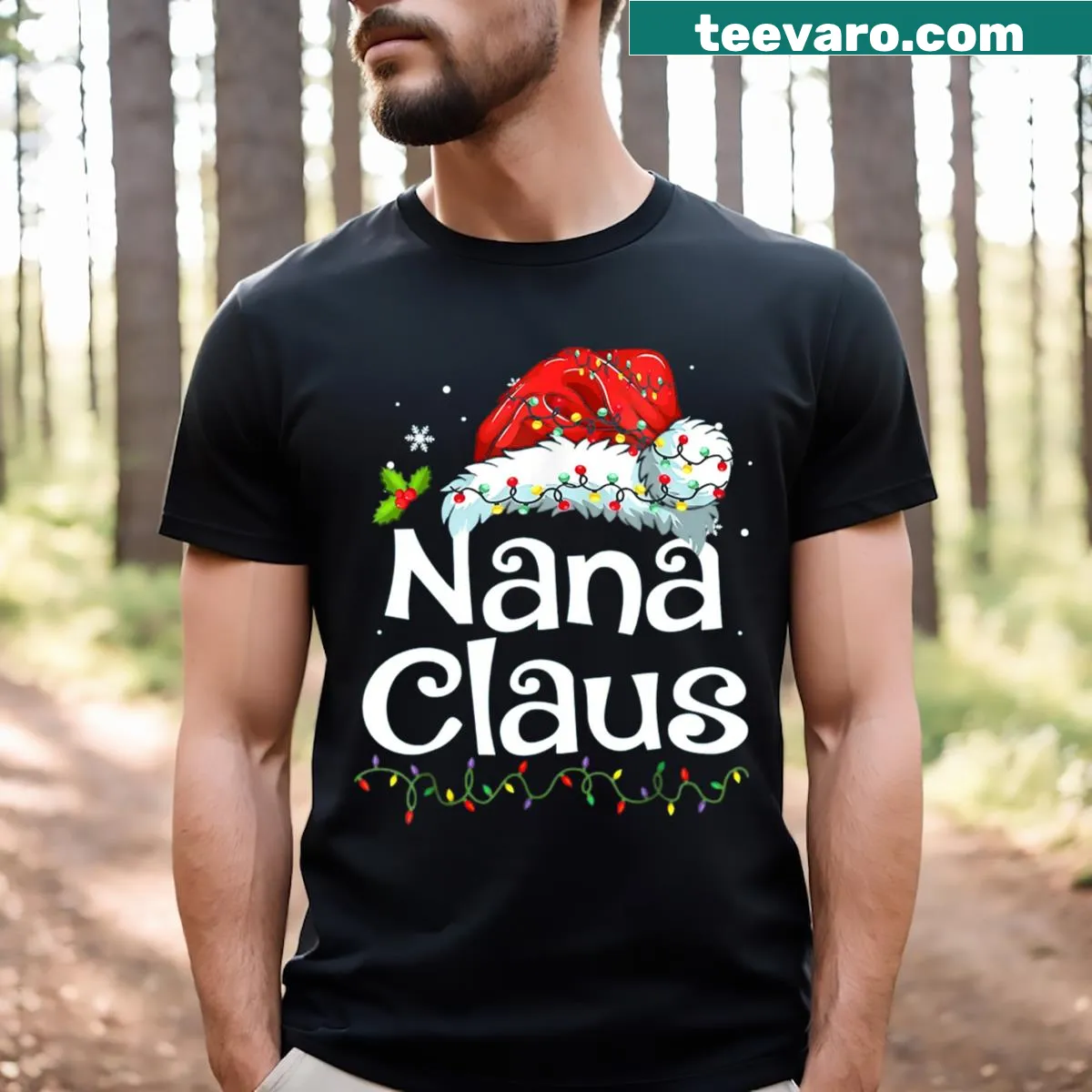 Illustration of a grandmother in Santa hat on a Christmas-themed t-shirt — on a men's t-shirt