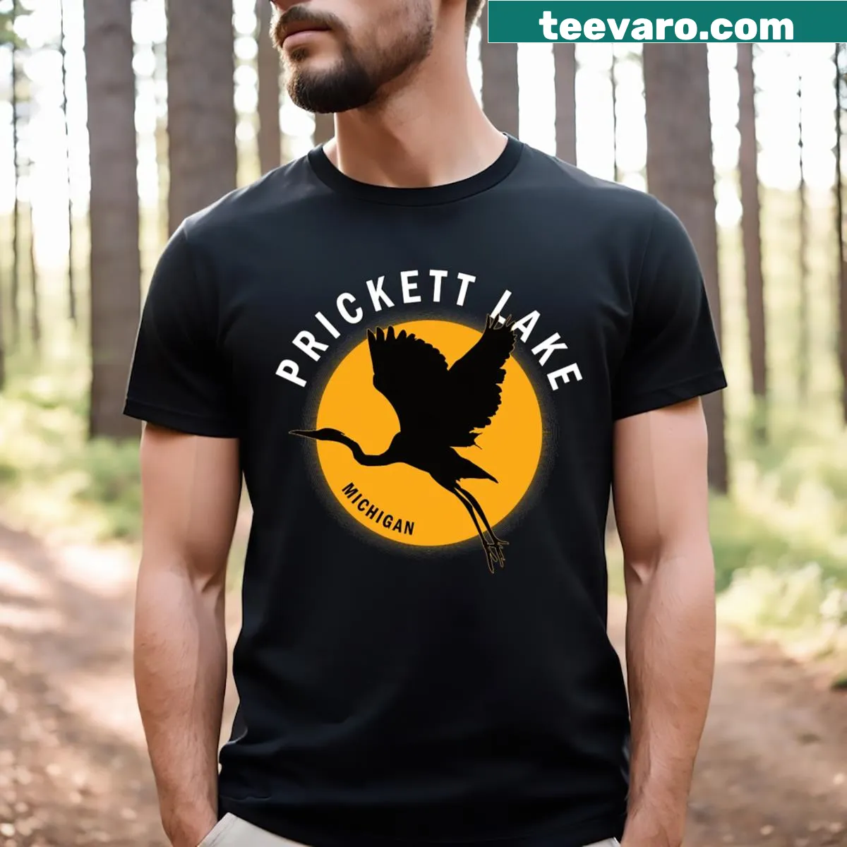 Scenic t-shirt featuring a heron at sunrise by Prickett Lake. — on a men's t-shirt