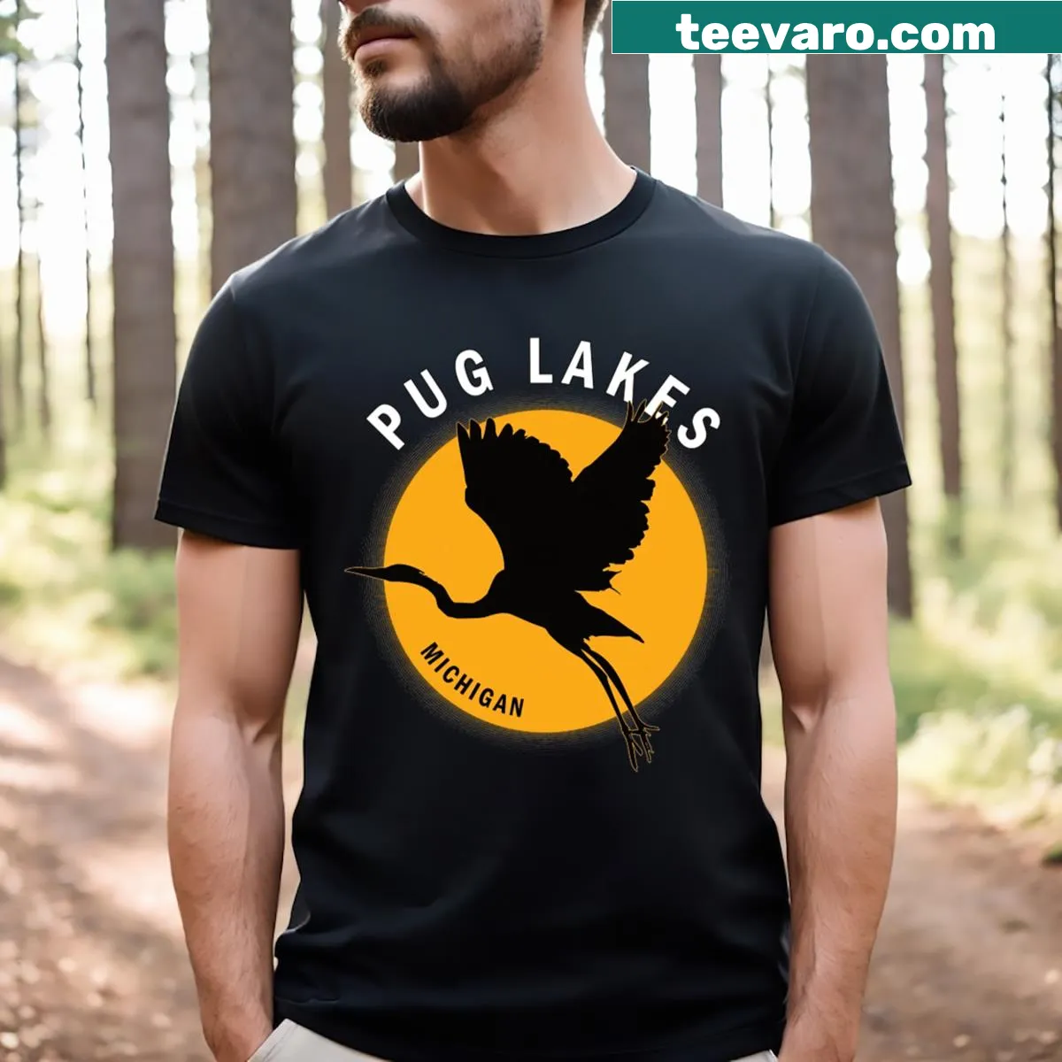 Lakeside scene with pug and heron on T-shirt — on a men's t-shirt