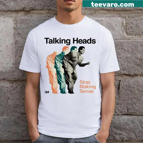 Vintage-style T-shirt with a graphic of David Byrne's big suit from 1984