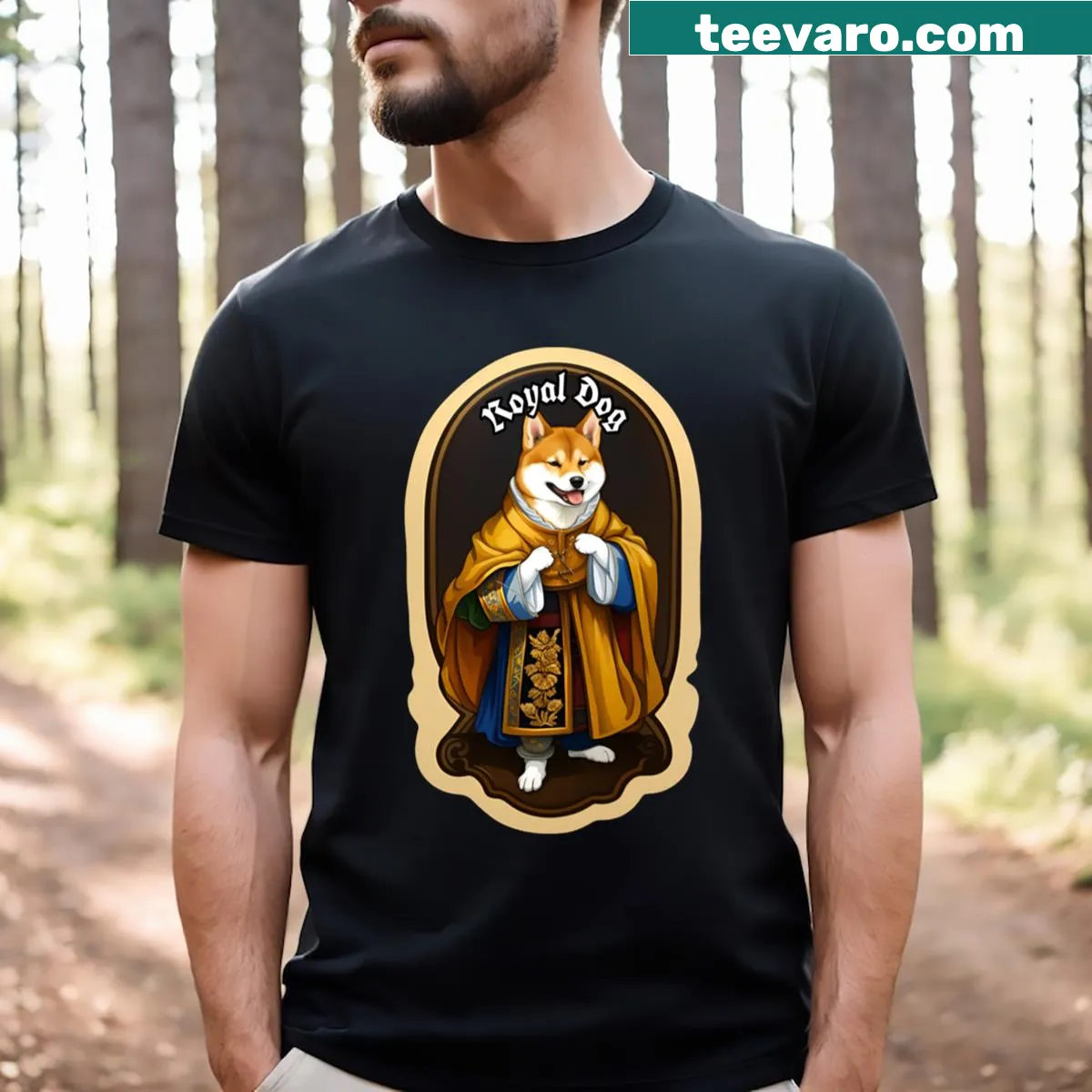 Vintage-style Shibainu dog T-shirt with regal design — on a men's t-shirt