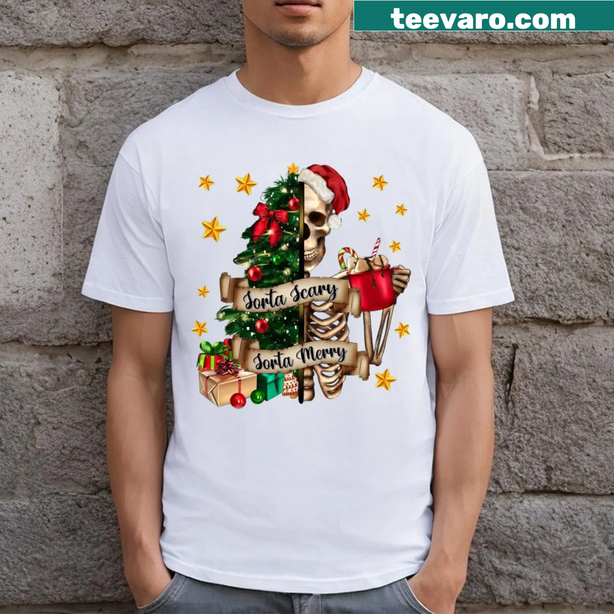 Skeleton with Christmas ornaments on a tree graphic — on a men's t-shirt