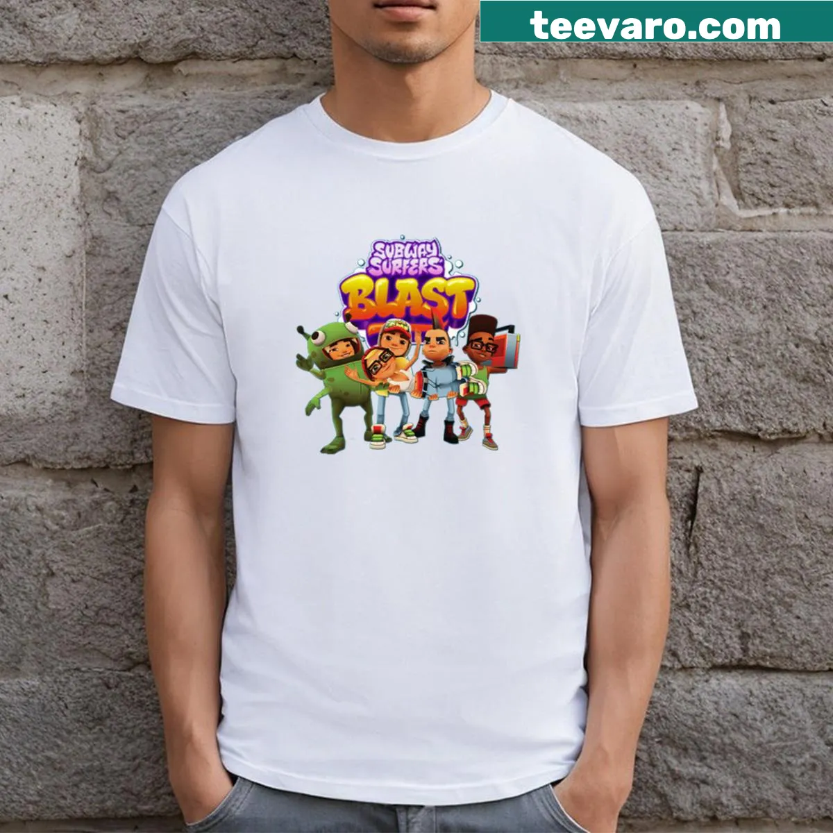 Vintage-style T-shirt featuring Subway Surfer and pop culture references. — on a men's t-shirt