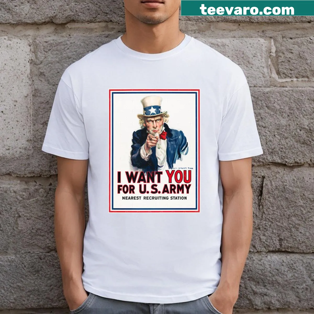 Vintage US Army recruiting poster long t-shirt design — on a men's t-shirt