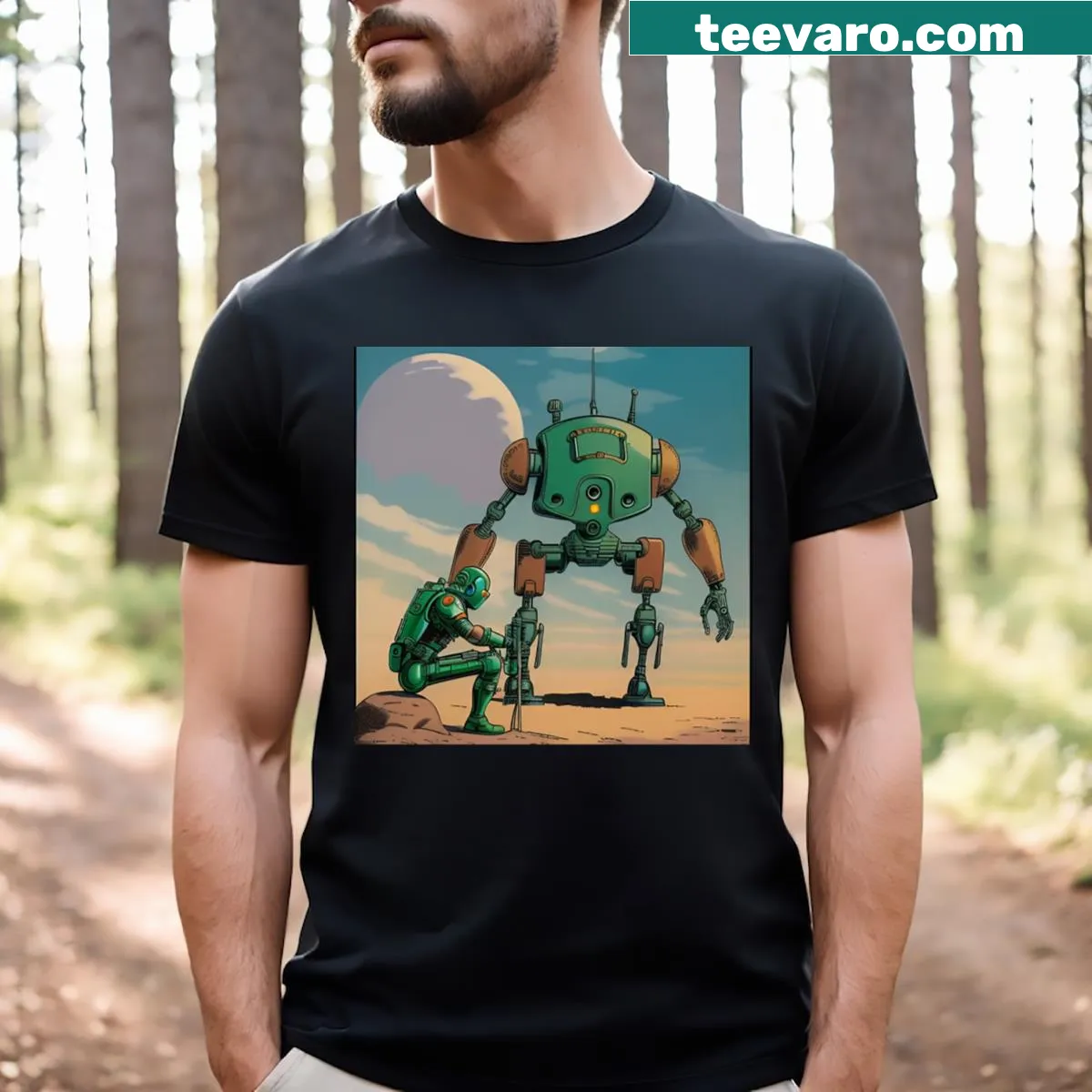 Humorous vintage-style t-shirt with a post-war theme — on a men's t-shirt
