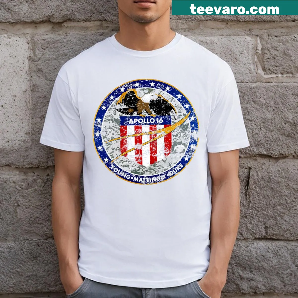 Distressed T-shirt featuring the Apollo 16 mission patch design — on a men's t-shirt