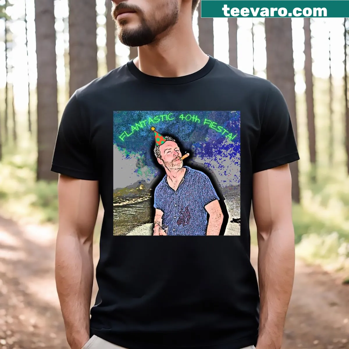 Funny birthday T-shirt with a whimsical flan cake graphic — on a men's t-shirt