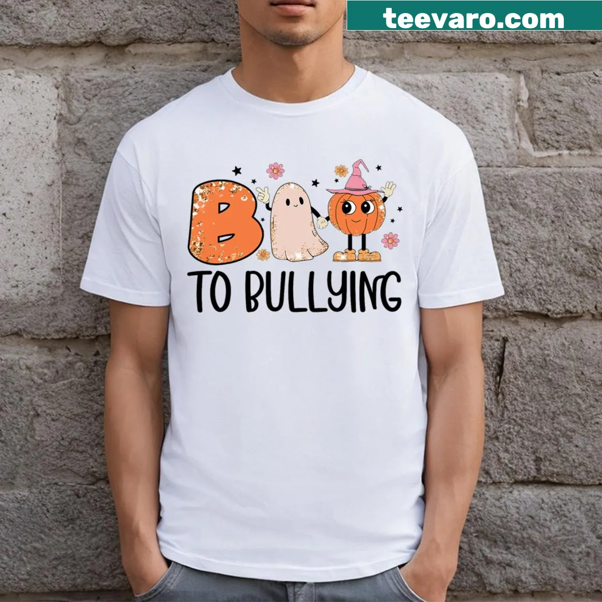 Cute Halloween T-shirt with a ghost and anti-bullying message — on a men's t-shirt