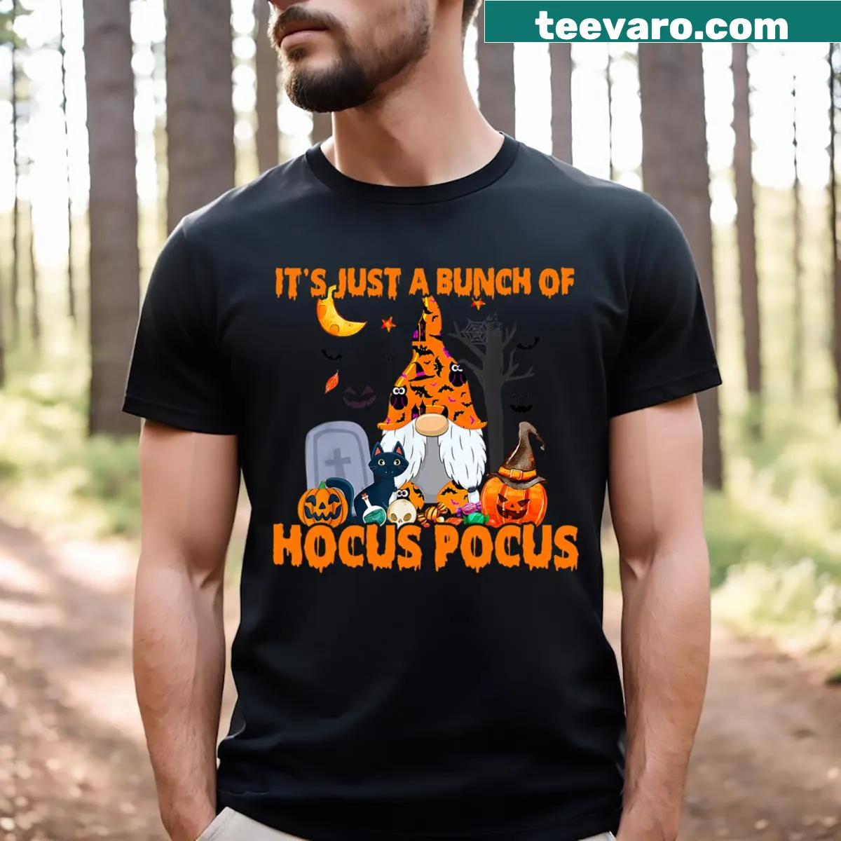 Festive Halloween T-shirt with gnomes, pumpkins, bats, and a scary cat — on a men's t-shirt