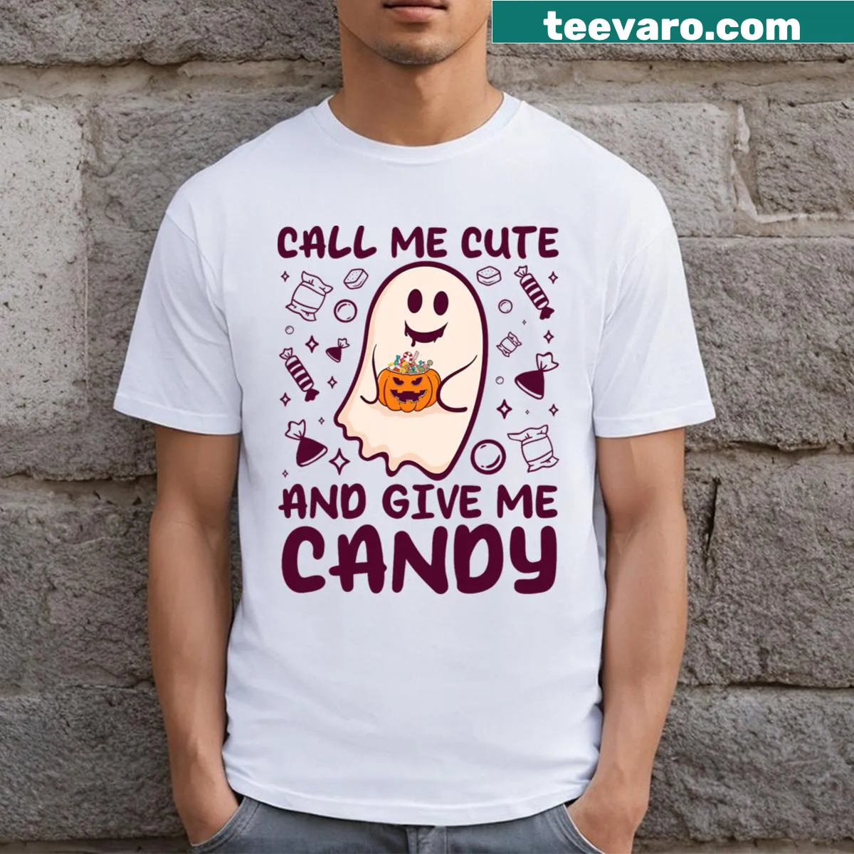 Kawaii Halloween T-shirt featuring a cute ghost and playful slogan — on a men's t-shirt