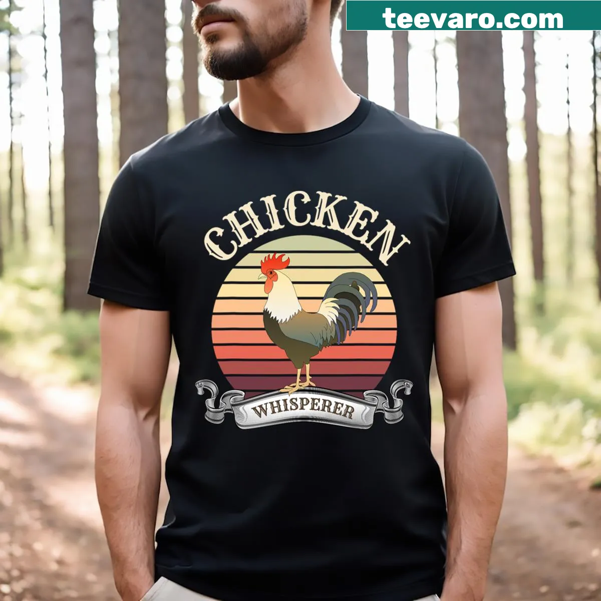 Vintage distressed Chicken Whisperer t-shirt with playful typography — on a men's t-shirt