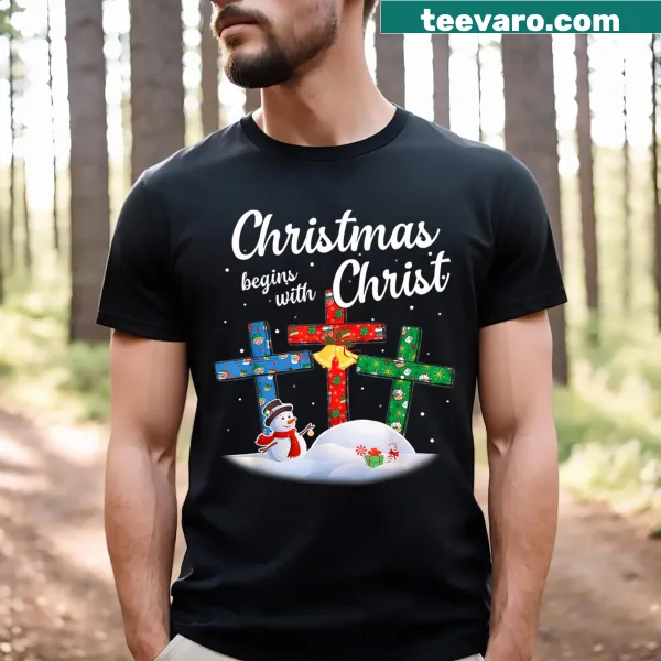 Christmas-themed t-shirt featuring a snowman and Christian cross