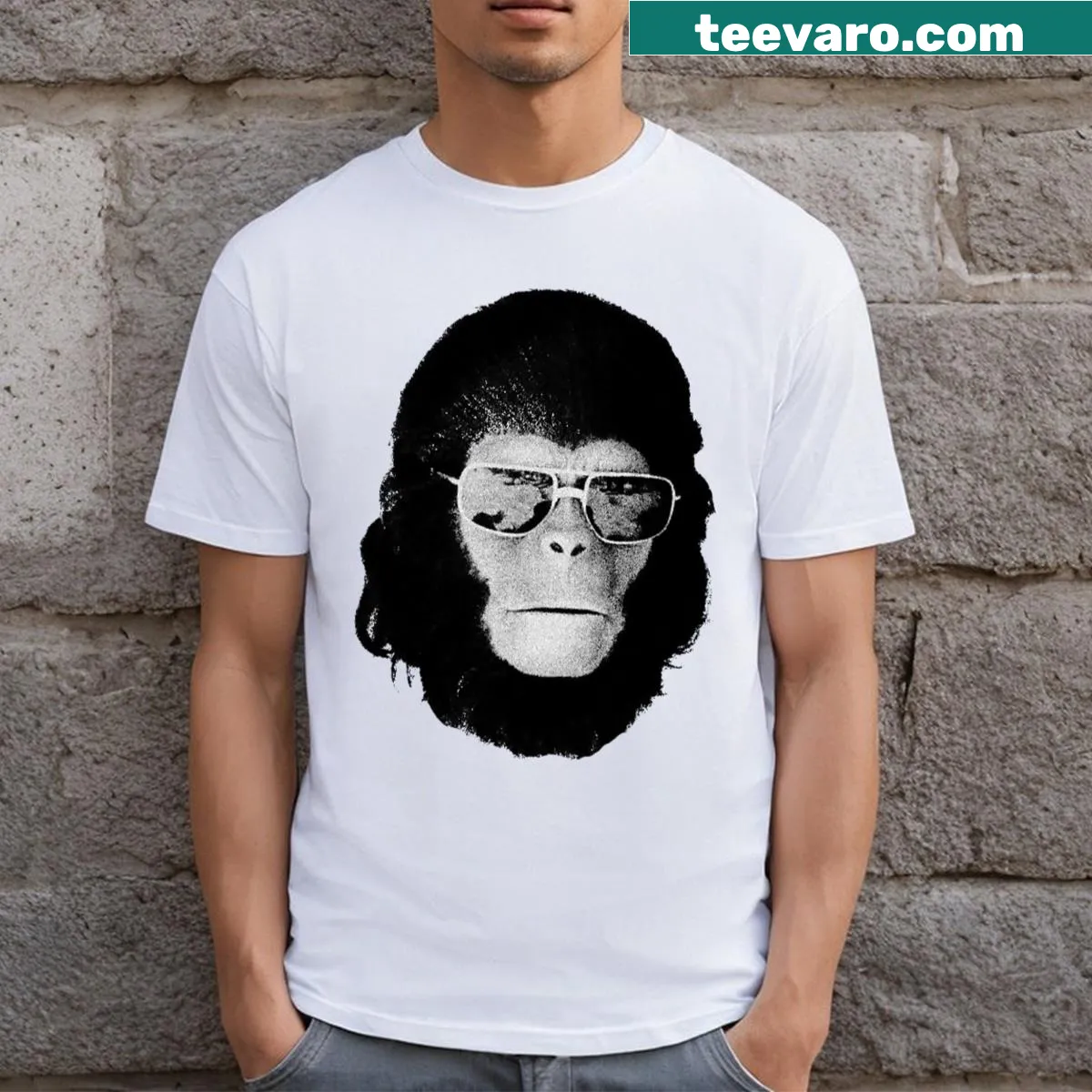 Quirky graphic of Cornelius wearing sunglasses on a T-shirt — on a men's t-shirt