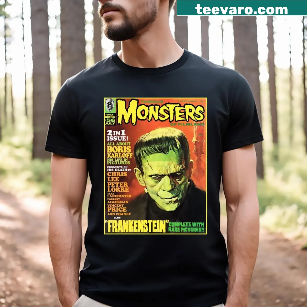Illustrated t-shirt featuring the iconic character Frankenstein — on a men's t-shirt