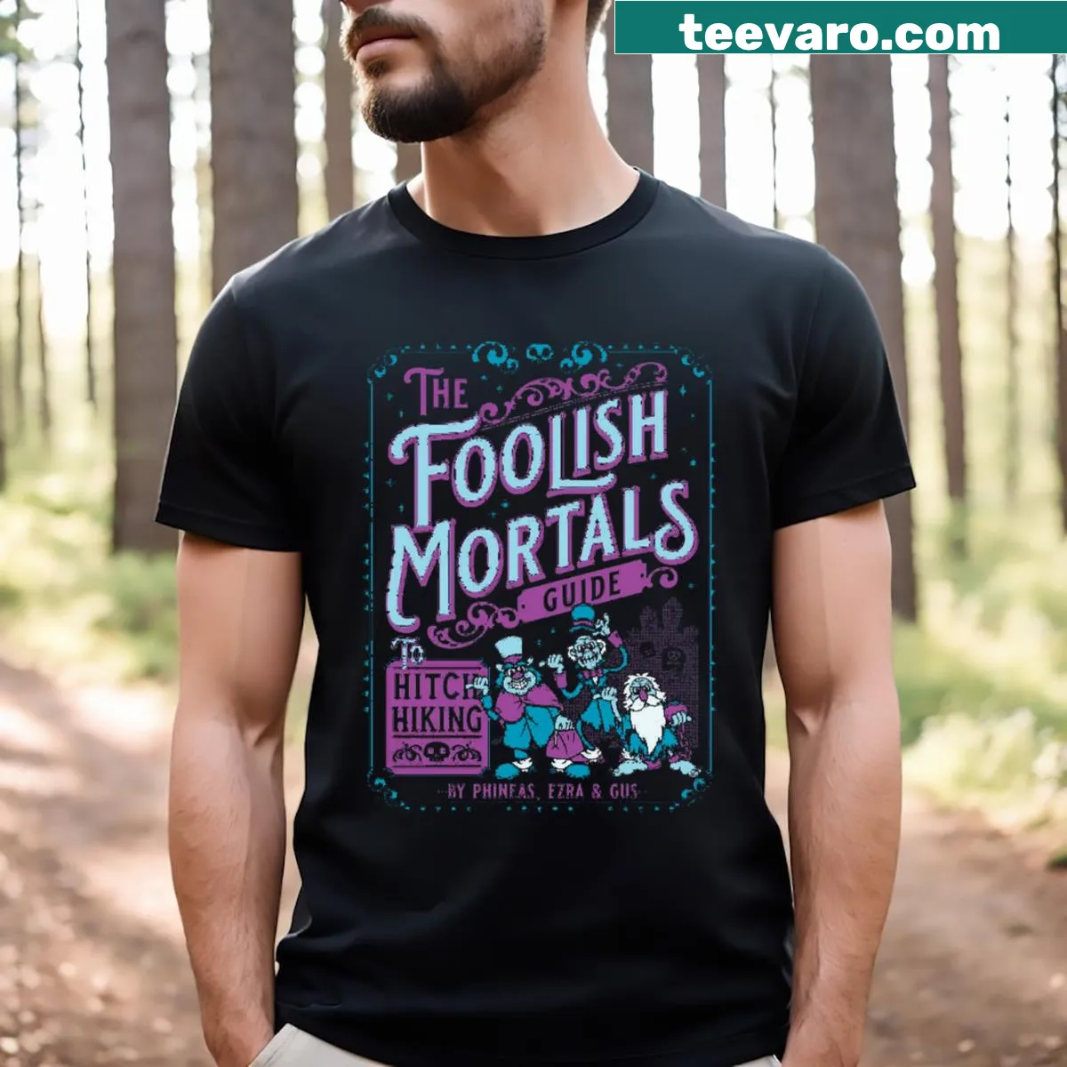 Hand-drawn whimsical t-shirt with text Foolish Mortals — on a men's t-shirt