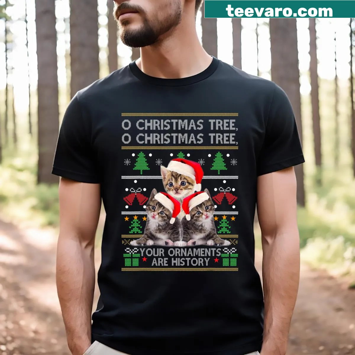 Fun Christmas t-shirt with cats as ornaments design — on a men's t-shirt