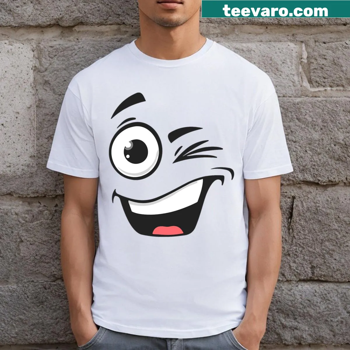 T-shirt with a cartoon grimace face and wink expression — on a men's t-shirt