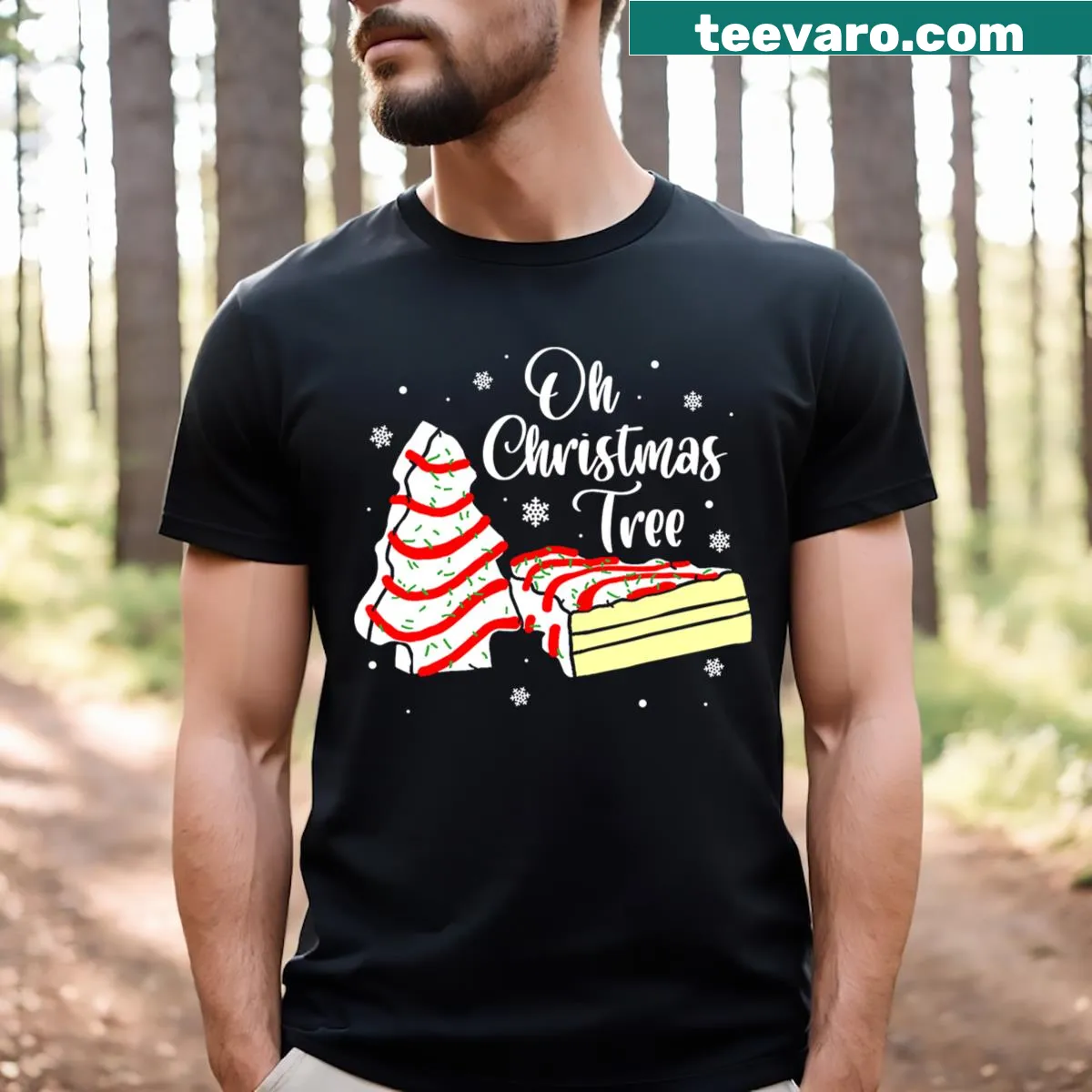 Vintage style t-shirt featuring cakes and Christmas tree design — on a men's t-shirt