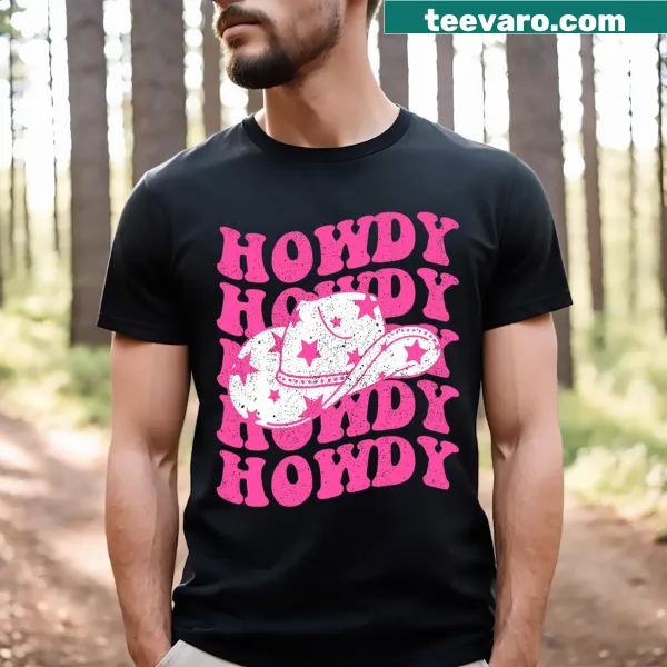 Retro pink cowgirl t-shirt with 'Howdy' text and fun graphics