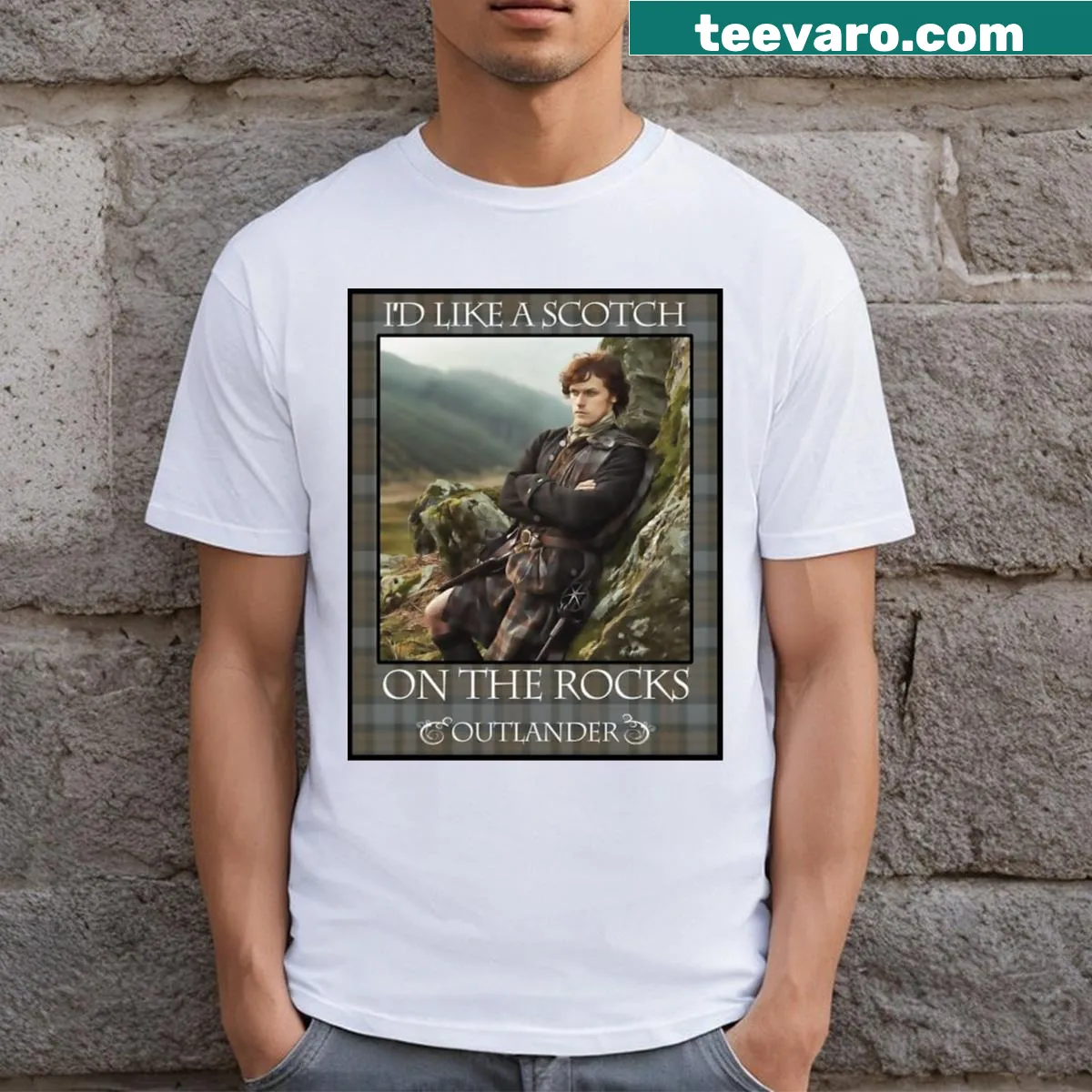 T-shirt with playful text about enjoying a scotch on the rocks — on a men's t-shirt