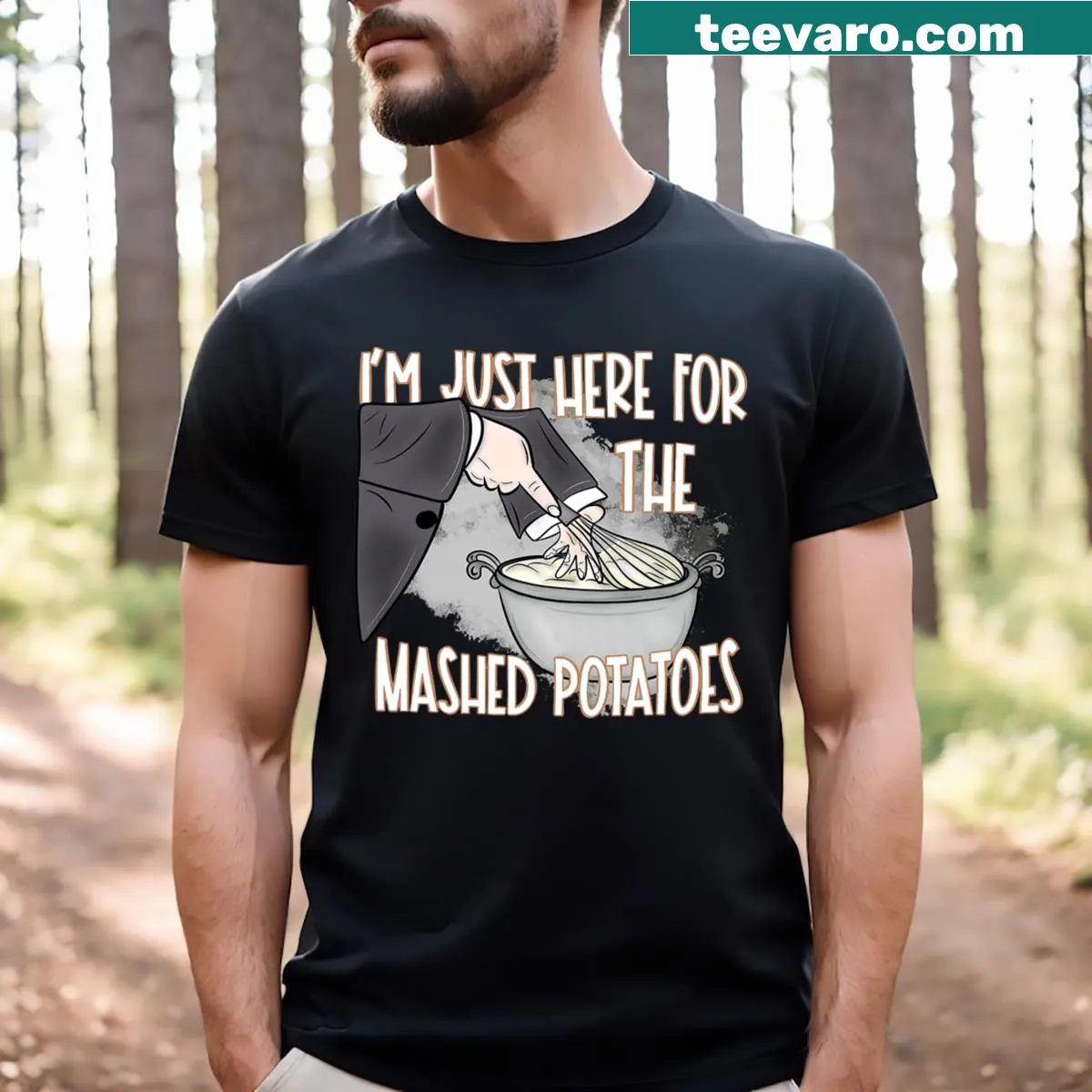 Funny Thanksgiving t-shirt with text about mashed potatoes — on a men's t-shirt