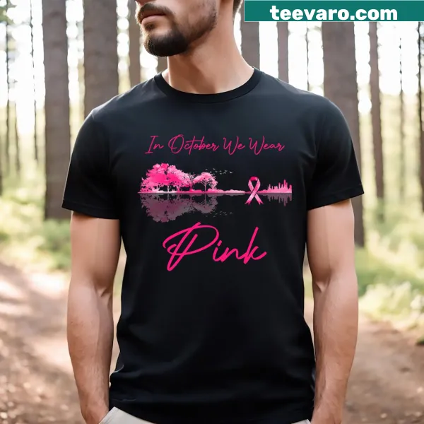 Halloween t-shirt with pink guitar and tree illustrations for breast cancer awareness