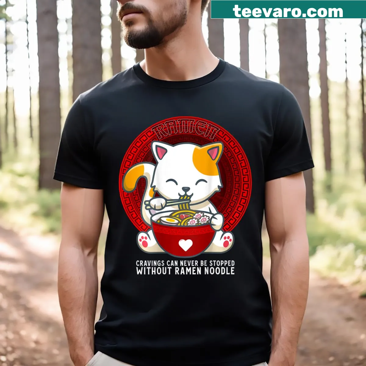 Kawaii anime cat t-shirt with a cat eating ramen — on a men's t-shirt