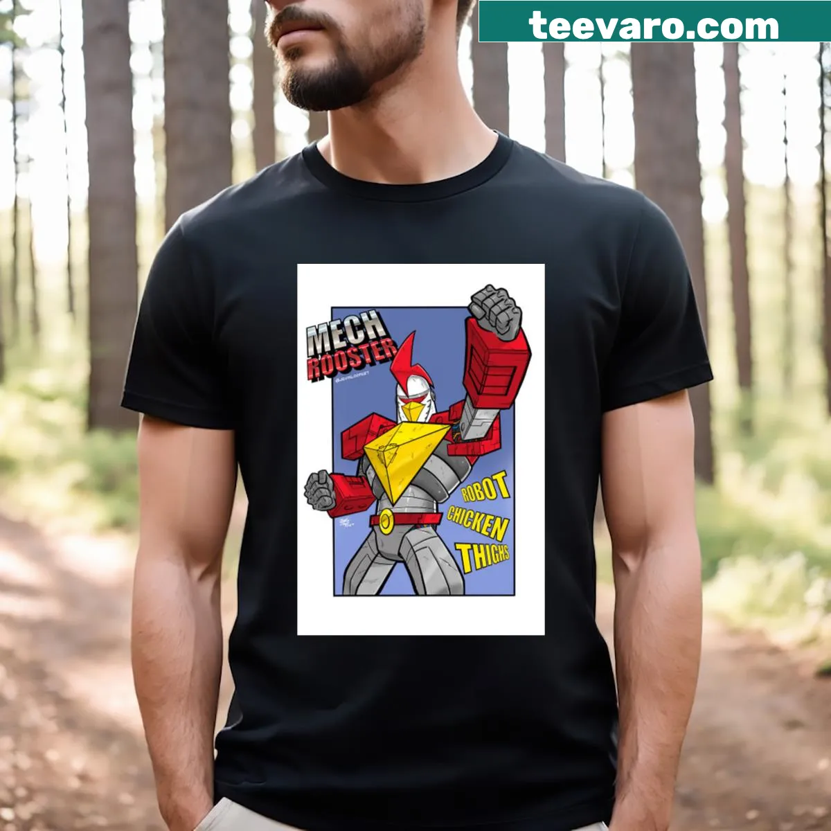 T-shirt featuring an illustration of a mechanical rooster — on a men's t-shirt