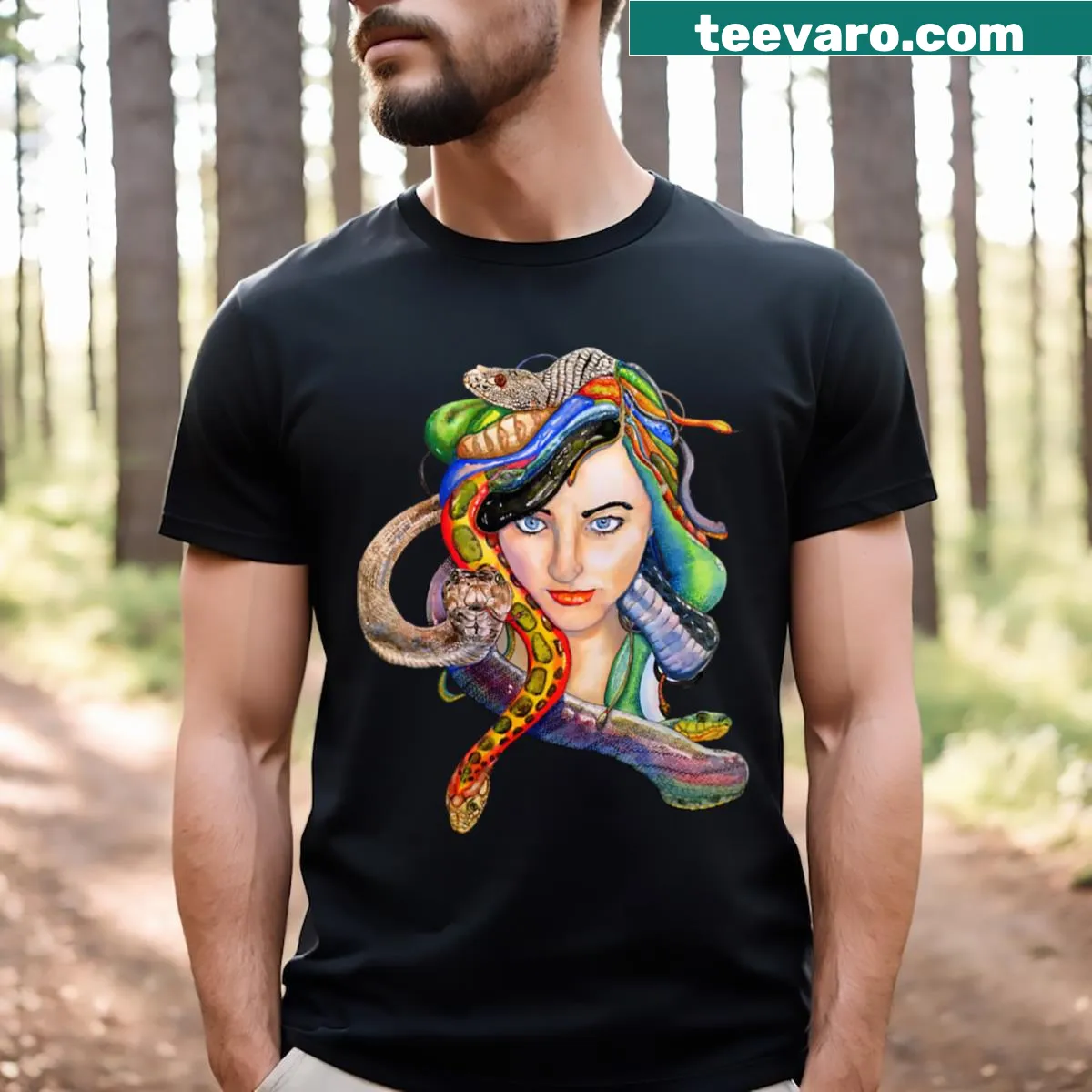 Illustration of Medusa reimagined as a strong figure on t-shirt — on a men's t-shirt