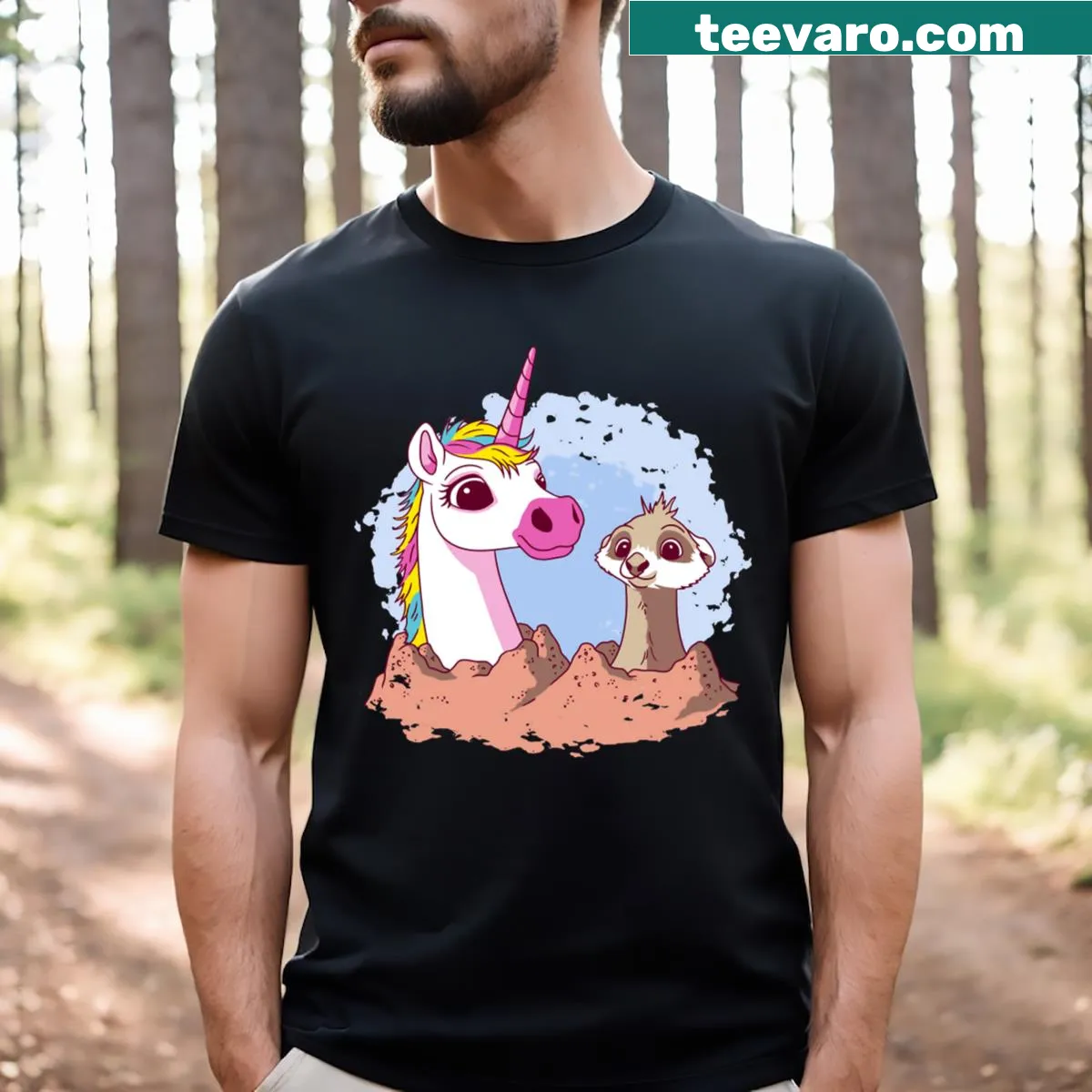 Cartoon meerkat and unicorn graphic on T-shirt — on a men's t-shirt