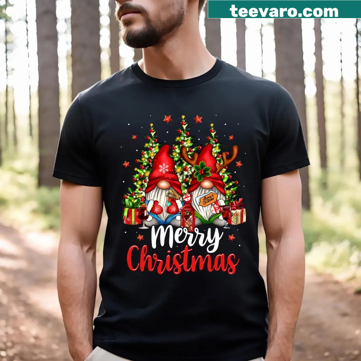 Vintage-style graphic of gnomes celebrating Christmas on T-shirt — on a men's t-shirt