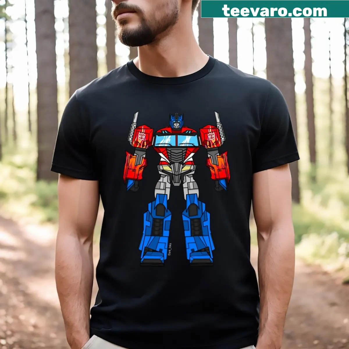Illustration of Optimus Prime from Transformers on T-shirt — on a men's t-shirt