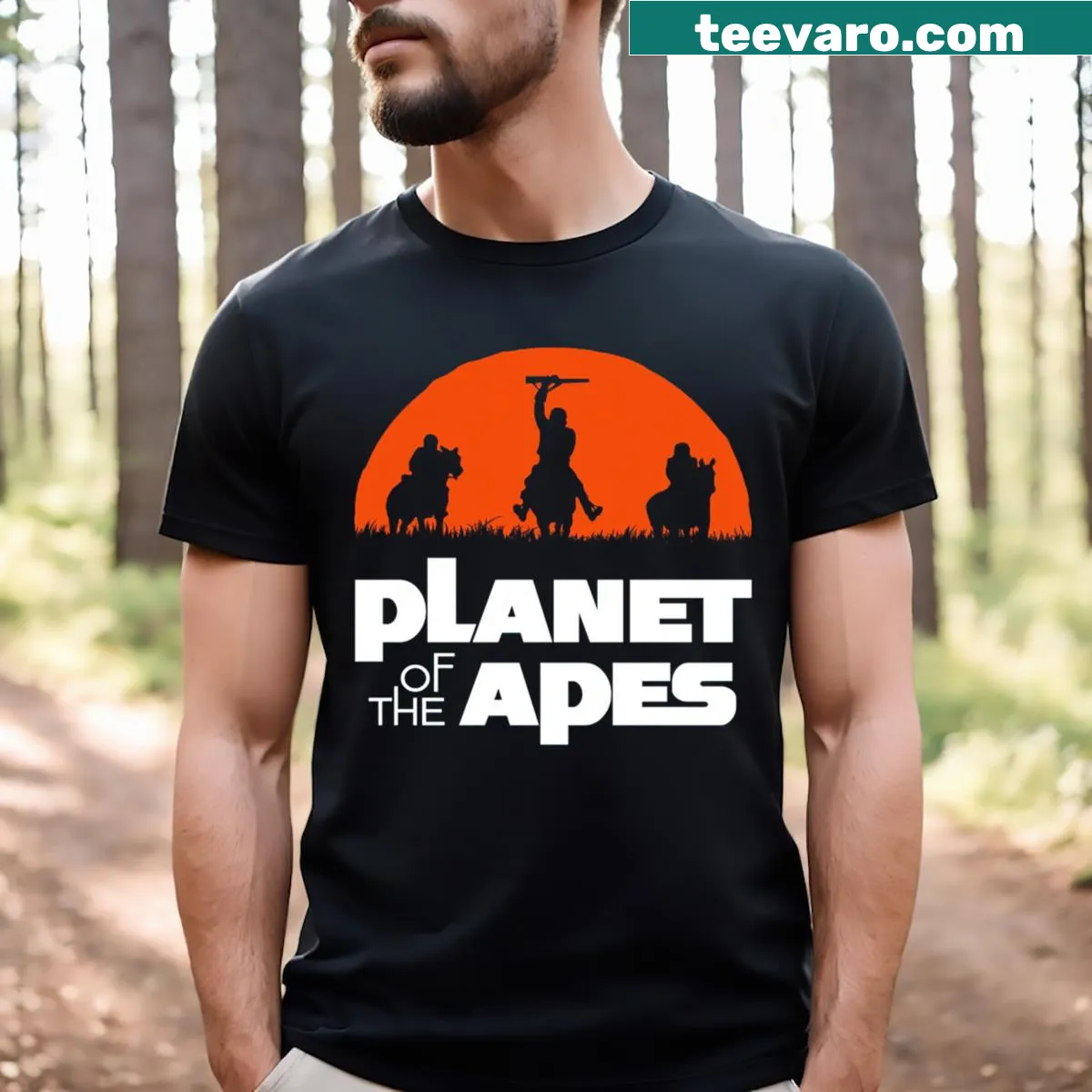 Artistic graphic of apes inspired by Planet Of The Apes on a t-shirt — on a men's t-shirt