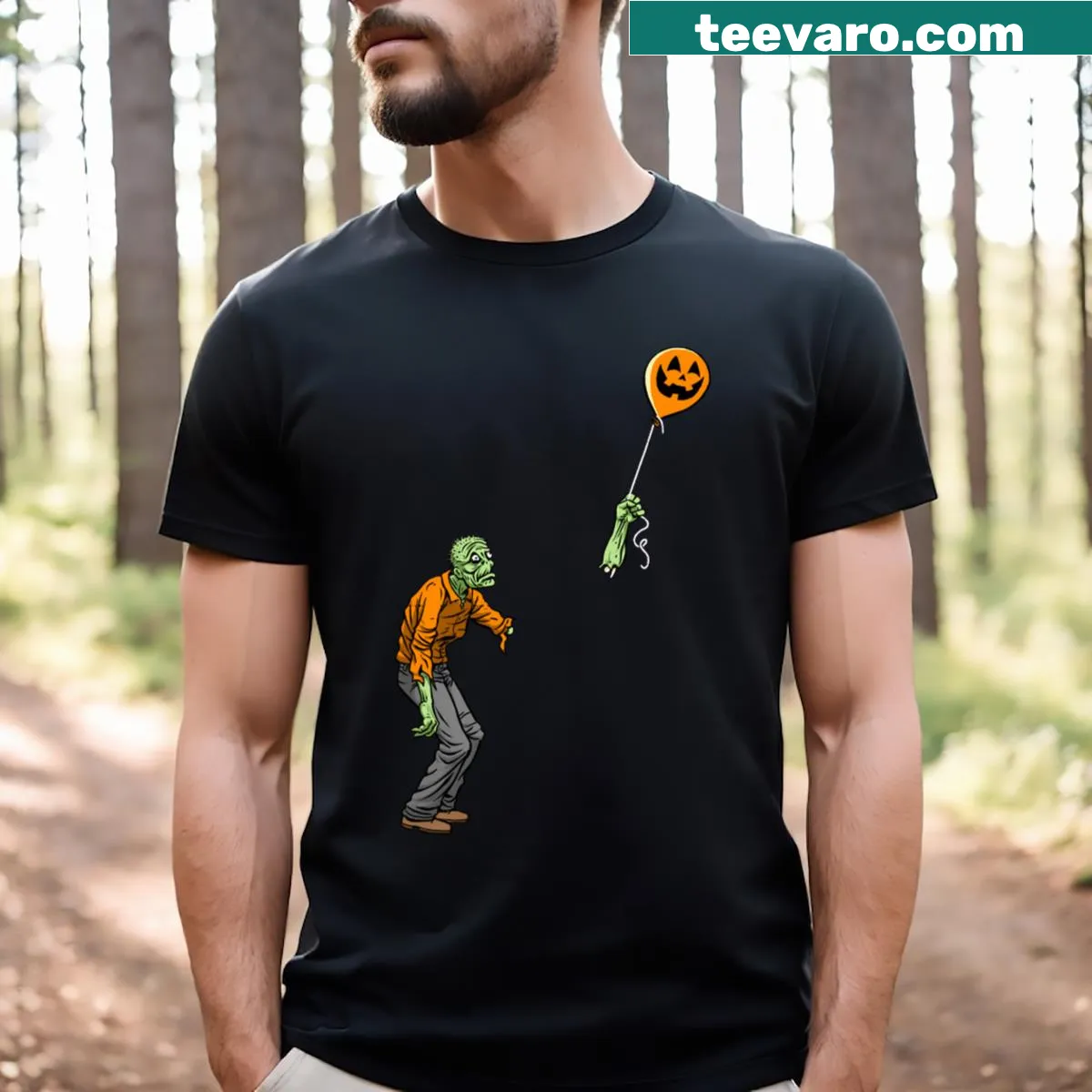 Cartoon sad zombie graphic on Halloween-themed t-shirt — on a men's t-shirt