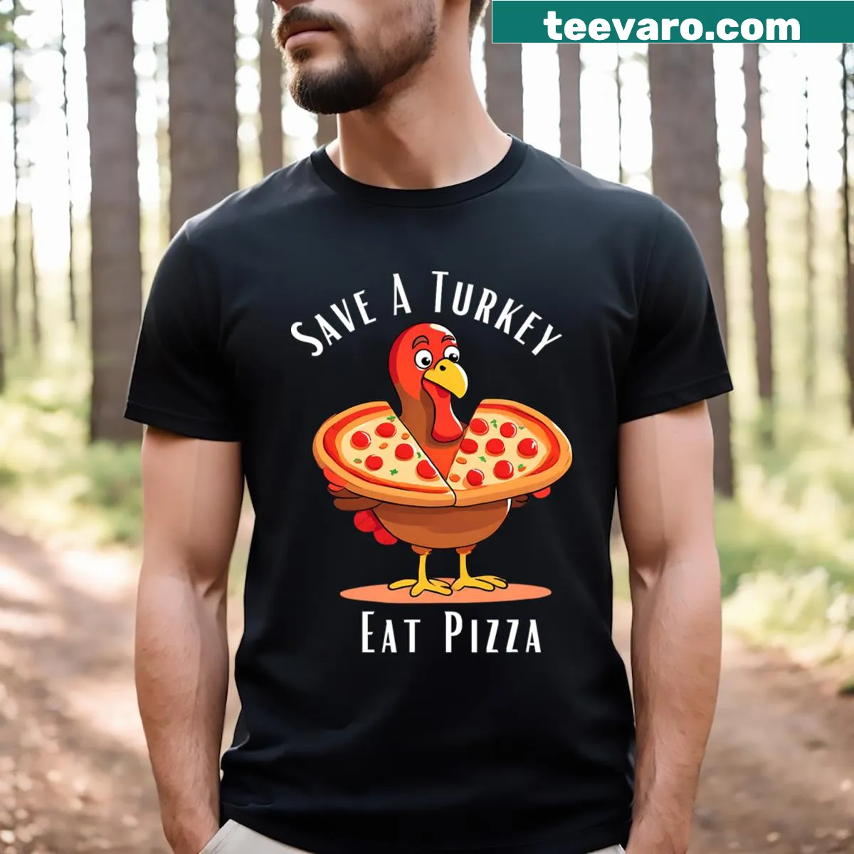 Funny Thanksgiving t-shirt with pizza and turkey theme — on a men's t-shirt