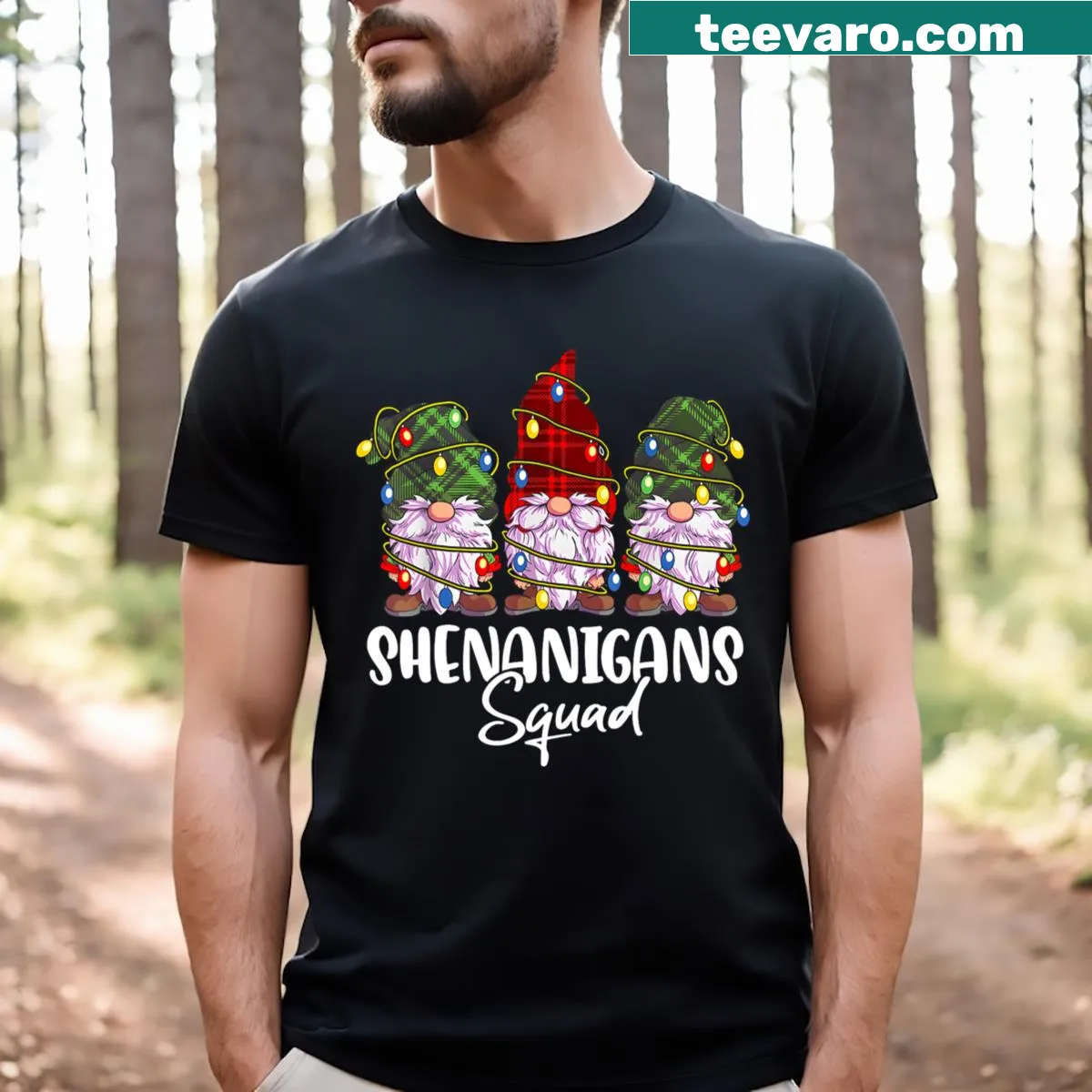Matching family Christmas t-shirt with gnome design — on a men's t-shirt