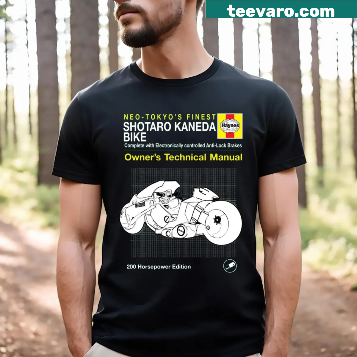 Shotaro Kaneda bike design in a manual-style typography for anime fans — on a men's t-shirt