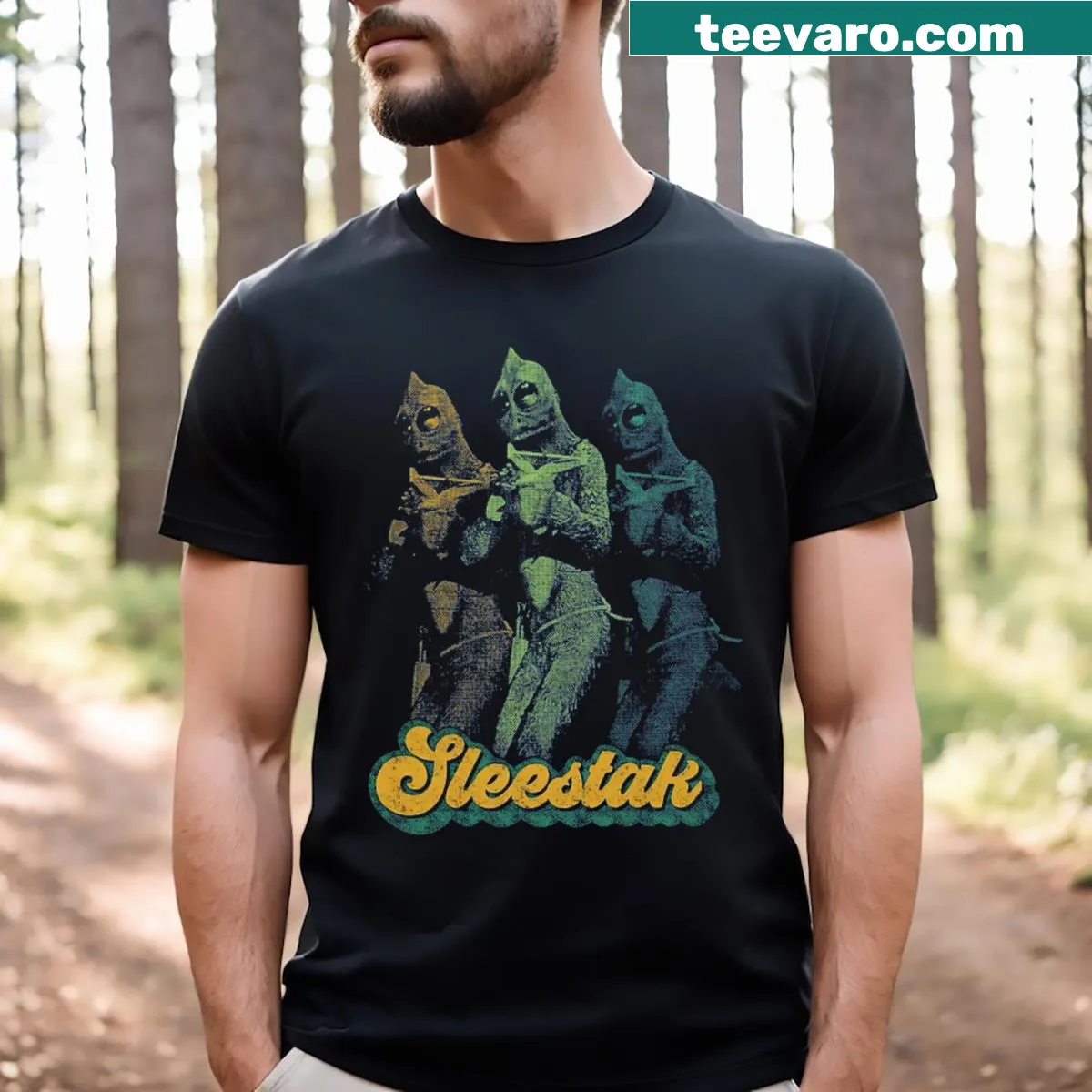 T-shirt featuring Sleestak illustration from classic series — on a men's t-shirt