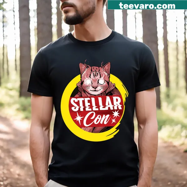 Illustration of a cat in space on Stellar Con Kitty t-shirt