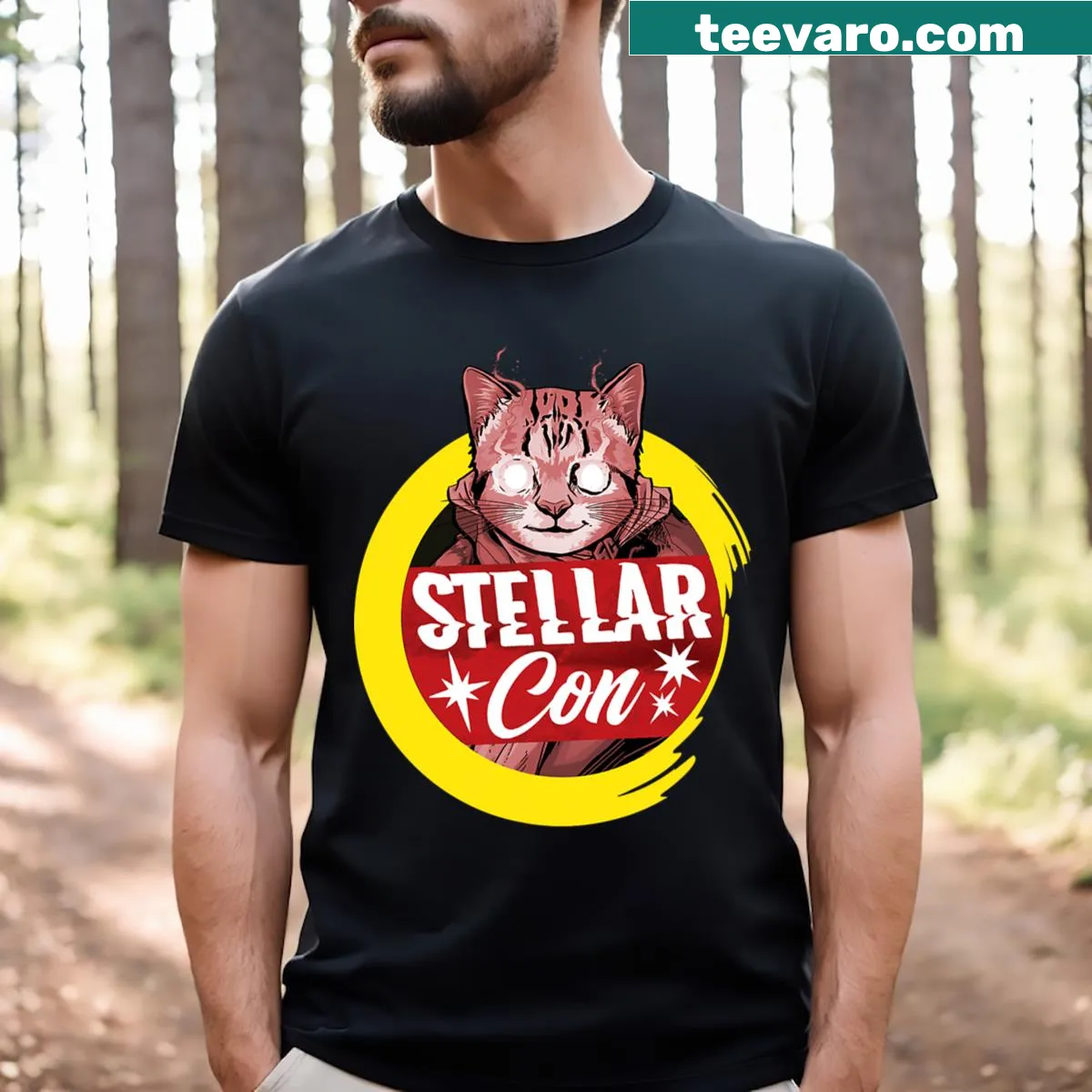 Illustration of a cat in space on Stellar Con Kitty t-shirt — on a men's t-shirt