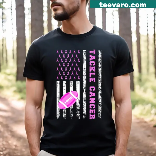 Football-themed T-shirt with a pink ribbon for breast cancer awareness