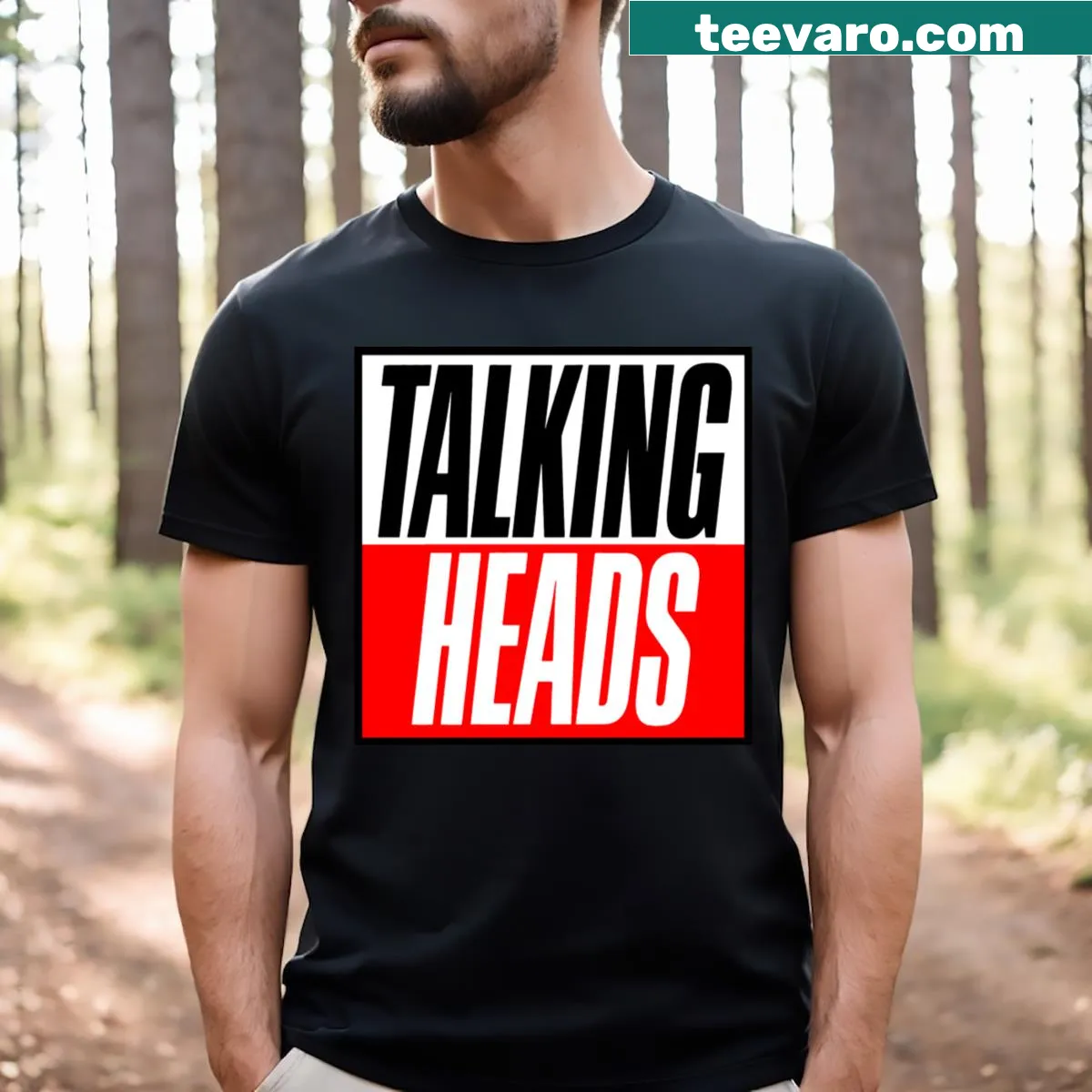 Talking Heads t-shirt featuring bold text representing the iconic band — on a men's t-shirt